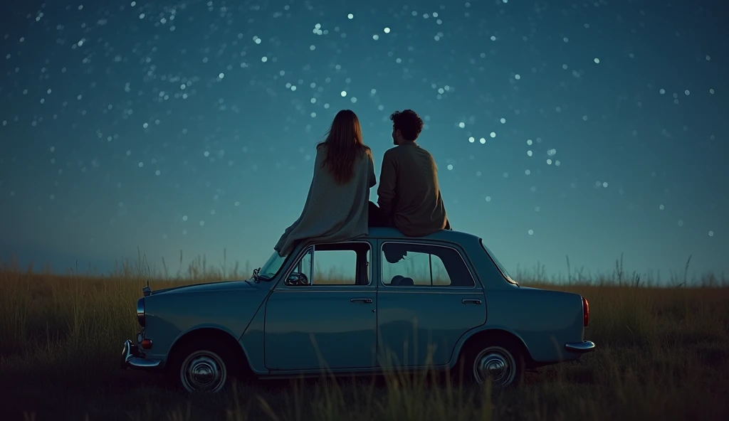 A Couple Sitting on the Car Roof Under the Starry Sky
Description:

Setting: Old car roof, surrounded by an open field, starry sky above.

Couple: Wrapped in a thin blanket, the woman pointing at the sky.

Emotions: Intimate and dreamy in the cool night ai...