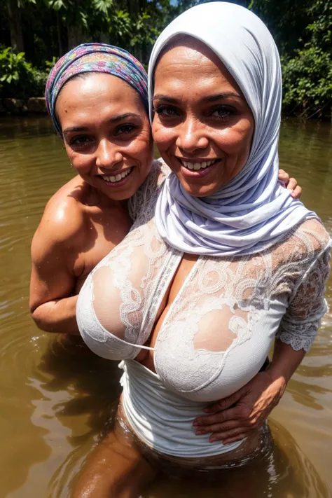 Hijab, 59-year-old mother, very skinny body, big breasts playing in very deep flood water, Playing in flood waters with his 15-year-old daughter, white lace, smile