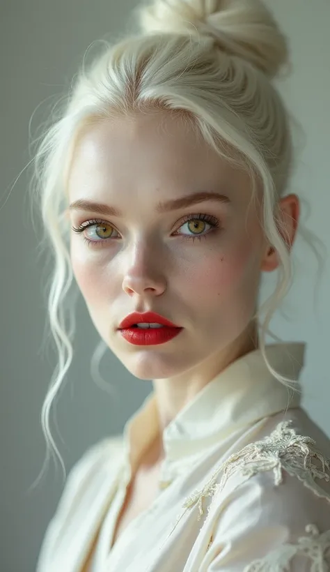 albino woman, gaze focused on the camera, honey-colored eyes, beautiful, tied-up hair, golden makeup, well-designed lips with red lipstick