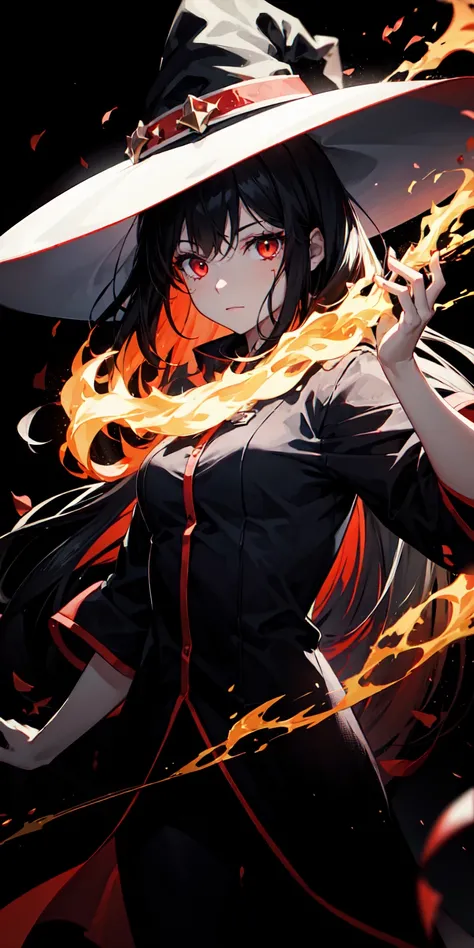 1girl, black hair, red eyes, fire witch, blood, light particles, light rays, wallpaper, high contrast, colorful,