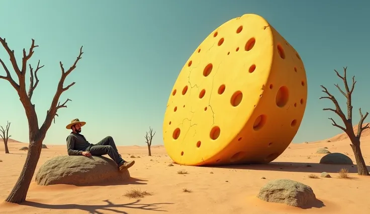 A giant cheese fallen in a desert, a guy with a hat lying on top of a rock, and some trees around 