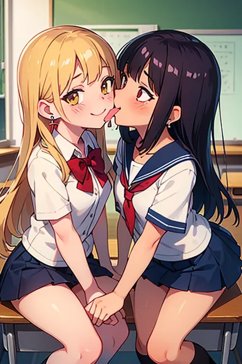 NSFW, ikatsu ,smile,Lori,Young girl,Yankee girl,classroom, school uniform,blush,fellatio, Yankee,Earrings,Landmine Makeup,Girls entangle their tongues and give each other a deep kiss,lily, lesbian