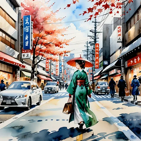  winter scene drawn in watercolor painting 、 Japanese woman wearing Taisho romantic clothes walking through Ginza in December。 What colors are used #F7FAFC 、#525457、#F7DEAFのみ。Fluttering dead leaves。 The woman is placed on the right side in the picture 、 th...