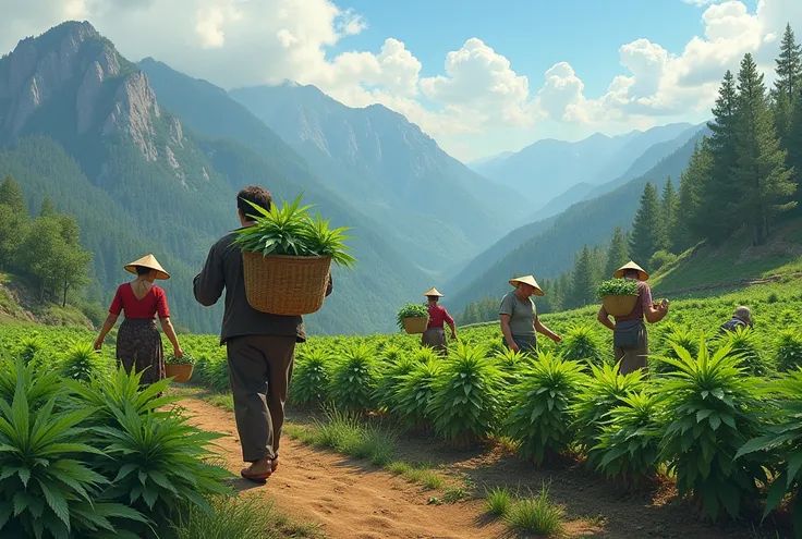 The image depicts a traditional agricultural scene in a mountainous region with people working in a field of cannabis plants. The scene includes a man carrying a basket of cannabis plants, a woman tending to the plants, and other individuals engaged in var...