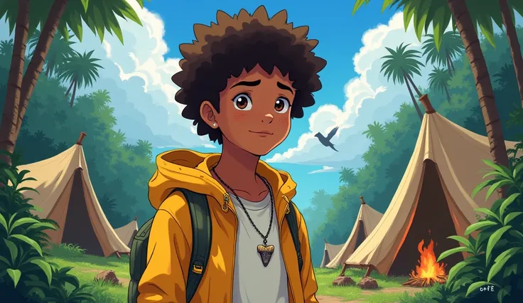 16-year-old teenager with short curly brown hair, negro, Brown eye, Yellow jacket,  Velociraptors Tooth Necklace , In the Jurassic Camp anime