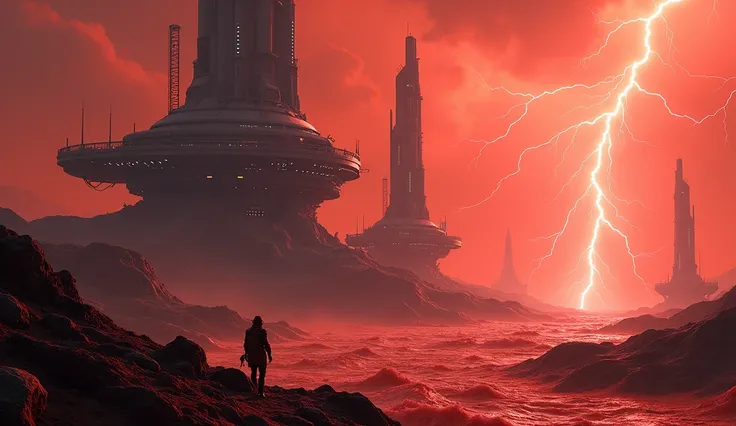 space base in deep space on the red planet . lightning. acid seas .  Tall Buildings 