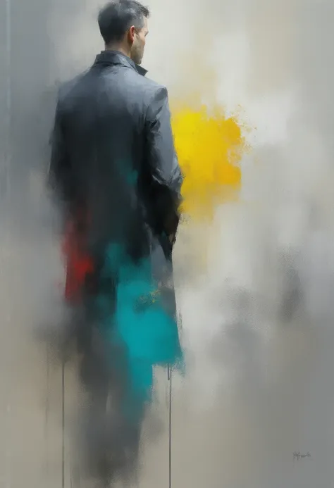 Oil painting, Of a man with a full body, Thoughtful, soft spots and artistic blur, gray sketch , yellow, Turquesa, red,  masterpiece, Detail,  looking at the spectator, impressionism