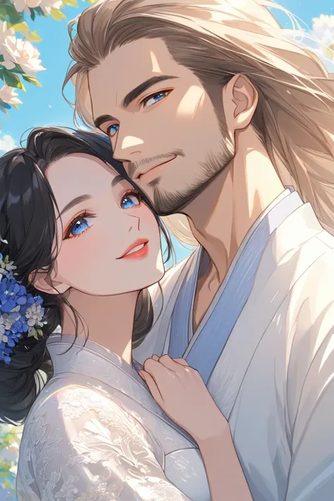 Illustrate a portrait of an age difference international couple.
1woman, 1man, couple shot, from below, highly detailed, ((soft colors)), ((international couple)), gorgeous, intricate, looking at viewer, hug, (smile), height difference couple, glossy lips,...