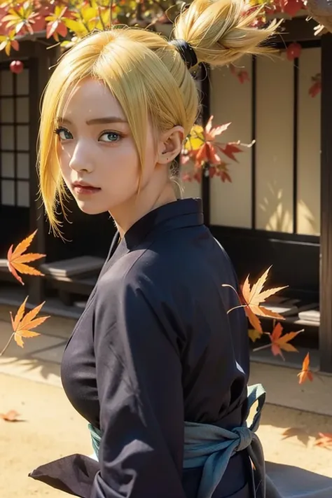 real Life adaption of this character,her name temari from anime boruto ,hyper realistic ,detailed short yellow hair with black kimono , high resolution, photorealistic,very detailed,realistic outfit ,Japanese teen beautiful ,detailed shining green eyes,(ph...