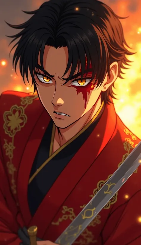  Fire Prince Zuko from avatar , oriental royal costumes in red with gold ornaments , flaming sword,  honey-colored eyes , short black straight hair,  burn scar over left eye with red spot, expression of contempt and anger  