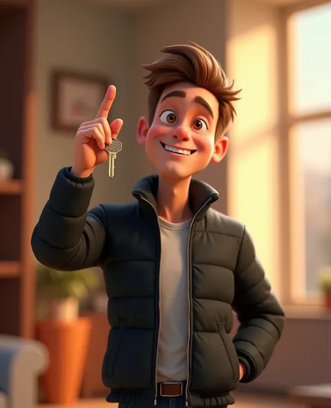 A Disney Pixar 3D style man,  high quality , in an open black jacket ,   to businesses , smiling, dimples on the cheek, happy,  light brown eyes , without glasses, tuft,  light brown hair , holding a house key in his right hand up high and his left hand po...