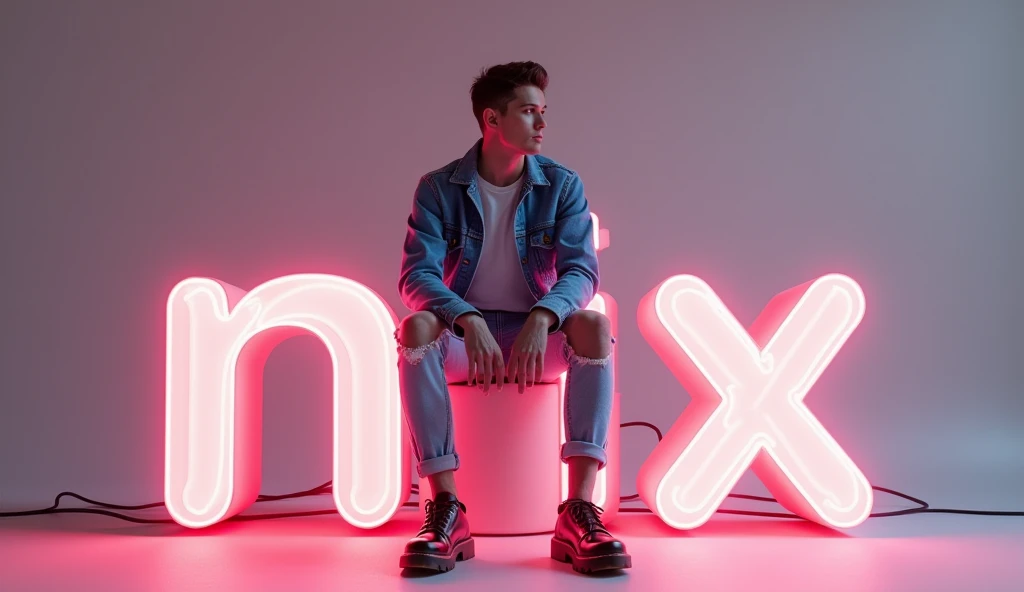 young man skinny sitting casually on the “NIX” name in large 3d text neon at the studio. dress him in trendy casual attire like jeans. White shirt, blue denim jacket, and jeans, paired with Dr. Martens shoes