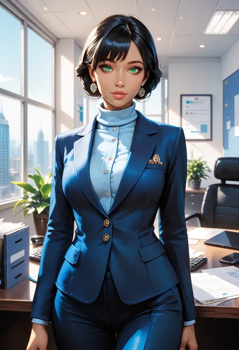 (office, gorgeous view) (cowboy shot), sfw, (masterpiece), (best quality:1.0), (ultra highres:1.0), detailed eyes, detailed clothing texture, beautiful face, Alexandria Ocasio-Cortez, solo, tan olive skin, green eyes, black hair, (blue blazer, white turtle...