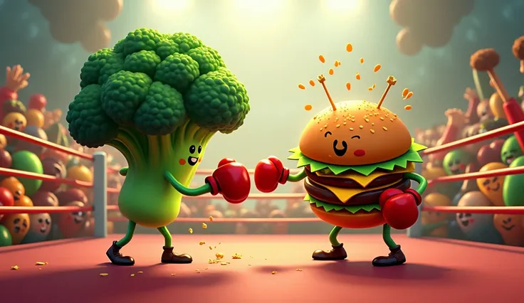  Create an animated image of broccoli and a hamburger fighting in a boxing ring,  and what audience are fruits and vegetables , And junk 