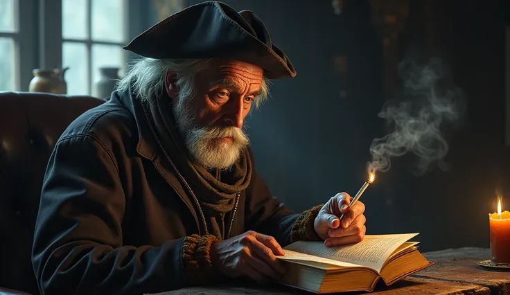 An elderly corsair smokes a cigarette that is about to run out while reading a book.  In he is about to die and the tobacco smoke that is so mirror is getting between the sheets of the book 