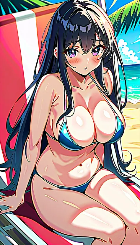  An anime girl with big breasts is sitting on a beach chair, a hyper現実的なBeautiful Girl in a Swimsuit , hyper現実的なBeautiful Girl in a Swimsuit , 現実的なBeautiful Girl in a Swimsuit ,  sexy anime girls ,  Fleet Collection Style , かわいいBeautiful Girl in a Swimsuit...