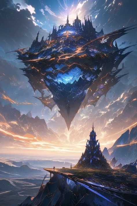 A powerful scene with the protagonist standing atop a guild castle, gazing out over a vast, unfamiliar landscape. The character, wearing futuristic MMORPG VR gear, stands confidently on a stone tower, overlooking expansive fields, distant mountains, and my...