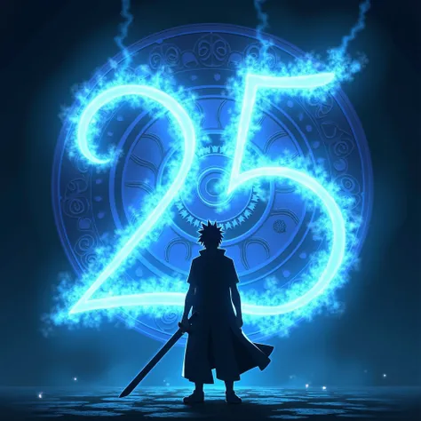 The number letter 25 emits the effect of jutsu cidori blue color and there is a high resolution uchiha emblem either there is a shadow sasuke mode traveler holding a sword 