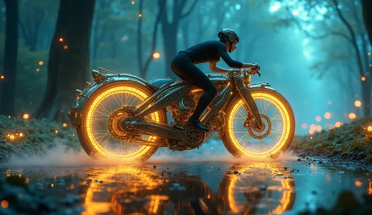 "A magnificent bicycle with golden accents, riding through a dazzling, surreal forest with bioluminescent plants and vibrant skies."