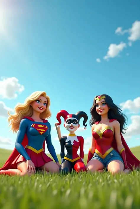  Three characters sitting in a large area with green grass under a bright blue sky.  Supergirl wearing a blue and red iconic costume with a red cape ,  Harley Quinn in her unique cheerful outfit holding a baseball bat ,  and Wonder Woman in armor complete ...