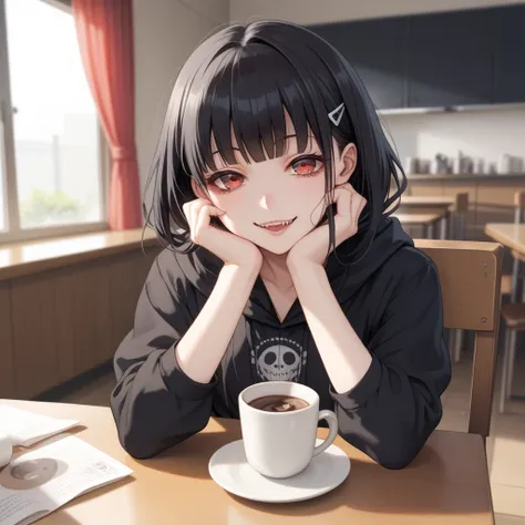  anime girl sitting at a table with a cup of coffee, 17-year-old goth anime girl , Gapmoe Yandere Grimdark, uncensored, show boobs, retrato Gapmoe Yandere Grimdark,  black-haired hooded girl , By Jin Homura, gapmoe yandere,  sui Ishida with black hair, ani...