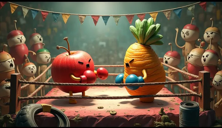 Create a boxing rig and the audience be it fruits and vegetables and junk 