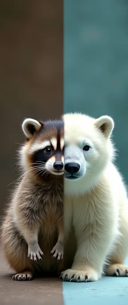 A captivating photograph of a cute, extra fluffy baby raccoon and a polar bear juxtaposed side by side. The raccoon, on the left, has a brownish fur coat with a distinctive black mask around its eyes and is gazing directly at the viewer. The polar bear, on...