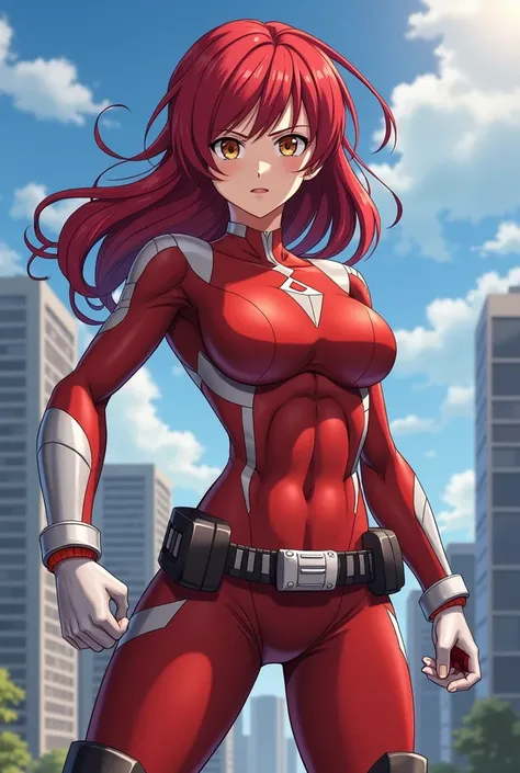  My Hero Academia Style ,   anime girl , woman, young woman ,  full body shot ,( Fighting Stance :1.3),Long Hair, Red Hair,   Brown Eyes , hero suit, Full Body Suit,  red suit with white details, perfect anatomy,  enhanced abs , super detailed,(building:1....