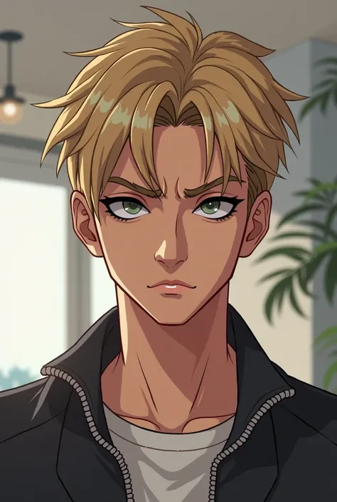 a man，Handsome young man ，Indifferent， Blonde Eyeliner，cartoon style，modern，frown/frown, short hair, cartoon, 