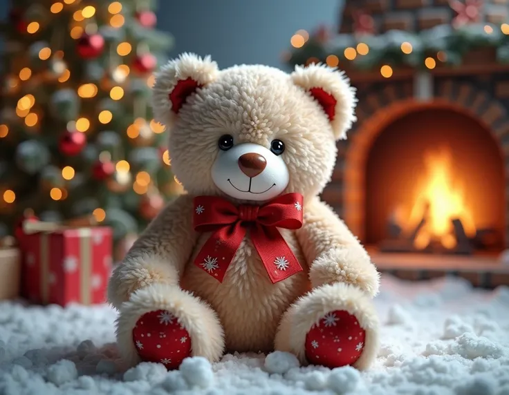 detailed christmas teddy bear, beautiful fluffy teddy bear, adorable teddy bear plush toy, (best quality,4k,8k,highres,masterpiece:1.2),ultra-detailed,(realistic,photorealistic,photo-realistic:1.37),HDR,studio lighting,extreme detail description,profession...