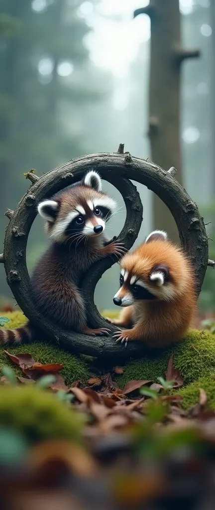 A photograph of a Yin-Yang symbol with a cute extra fluffy baby raccoon in each half. The raccoons are positioned symmetrically, with one facing upwards and the other facing downwards. The Yin-Yang symbol is set against a backdrop of a serene forest with t...