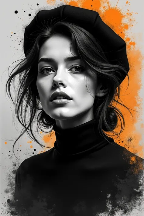 DIGITAL black and white ink stipple paint portrait of a female wearing black and white duotone beret against a black and orange coloured ink splattered grey canvas
