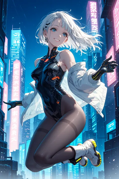 "     an 18-year-old girl with a lively smile       、  exists in a cyberpunk world       ,          white opera gloves and black tights        、     wearing a glittering silver high-neck leotard     、     and shes wearing white boots     、      jumping hig...