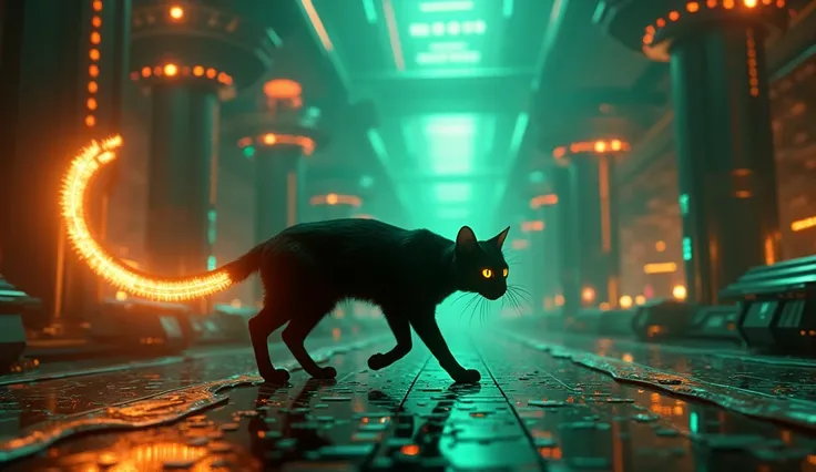 scify, darkfantasy, black cat with illuminated tail, gamified environment, black hex #2b2b2b, orange #f18713, green #9ff04F