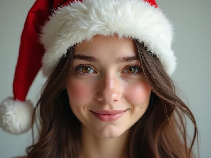  photoreal, the pretty face of an 18yo English girl in a Santa hat, brown eyes, brunette hair