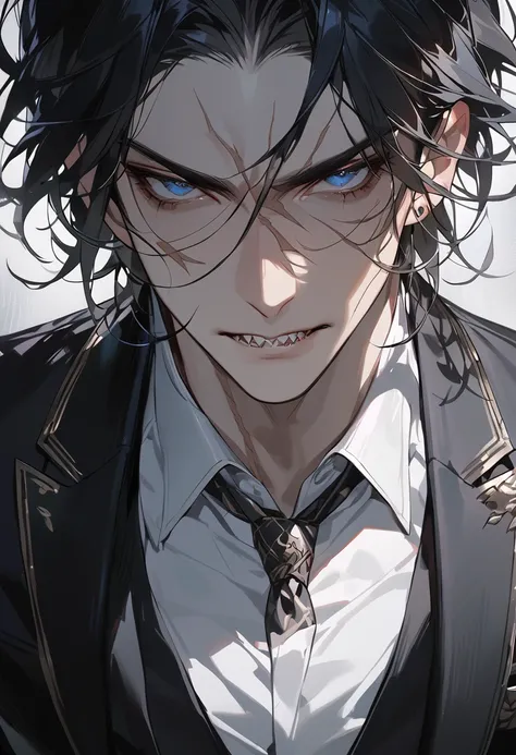 (masterpiece,   high resolution,   top quality), Alone, 1 male, good-looking, Handsome, sharp teeth,  black long hair, Violent , scar,Suit,  blue eyes, The close-up 