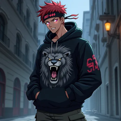 Anime boy with Reddish-blue hair,badass jawline, glowing eye wearing cargo pant and wearing black hoodie on which roaring  angry 🦁 lion os printed and wearing black head band on which 𝓑𝓞𝓓𝓔𝓧𝓩 444 written in meon Reddish-White colour