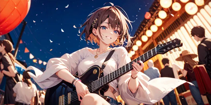 band、vocal＆Electric guitar、Open-Air Music Hall、Festival、Be dynamic、Beautiful girl with brown hair 、One person、Chatmonchi-style