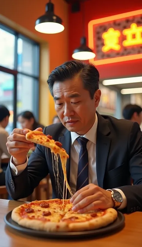 A man who eats pizza in a Korean chicken fast food 