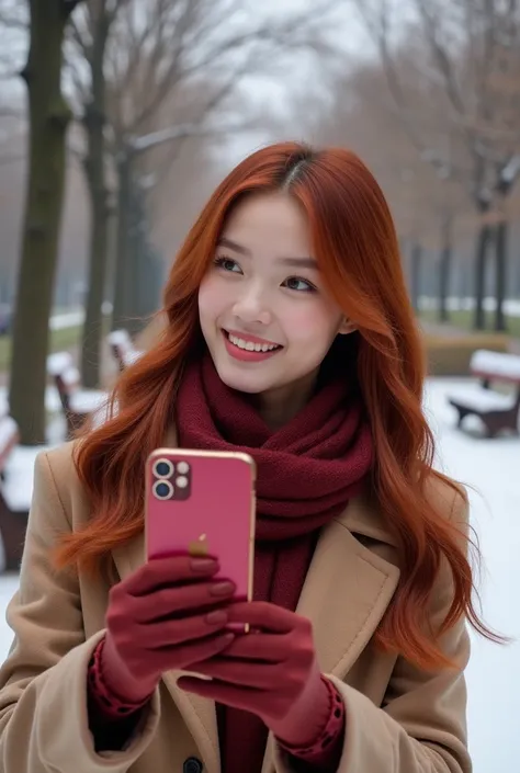  A young woman with European features ,  white skin and wine-red hair long and smooth like a waterfall ,  taking a selfie in a park during cold weather .  The girl has a beautiful warm and natural smile .  She is dressed appropriately for the weather ,  we...