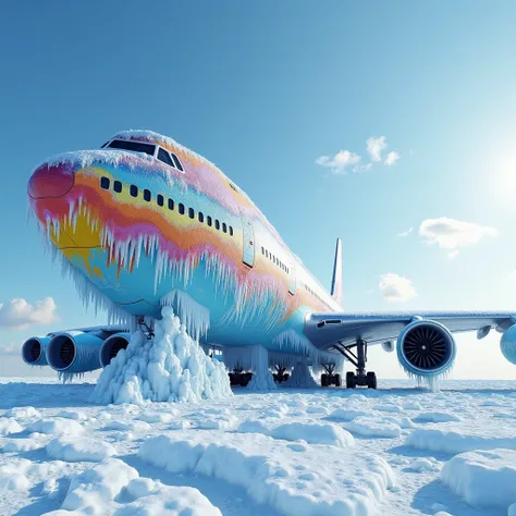 an colofrull big aircraft full of ice ,make it realistic