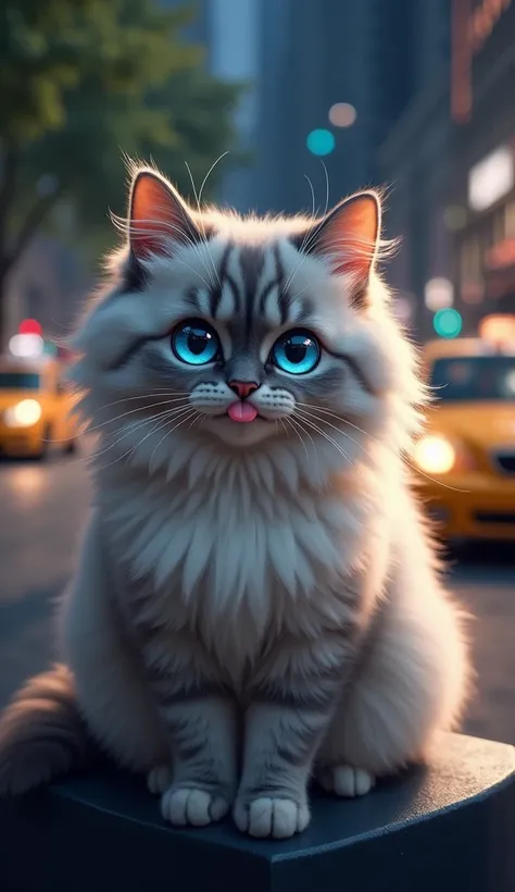 "A fluffy cat with striking blue eyes and soft fur, featuring white and gray patterns, sits with its front paws on a dark surface. The cat playfully sticks out its tongue, adding a touch of charm and mischief. The background is a nighttime urban setting wi...