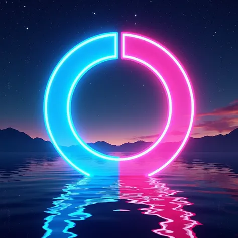 The picture is a digital artwork with vivid design and bright colors. The background is a starry night sky, and the water below is reflected. In the middle is a huge neon circle, half blue and half pink, forming a sharp contrast. Inside the circle, they ar...