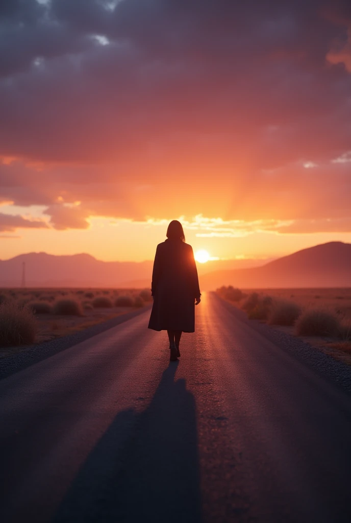 (a lone figure walking on a long road, silhouette,sunset,elongated shadow,best quality,4k,8k,highres,masterpiece:1.2),ultra-detailed,(realistic,photorealistic,photo-realistic:1.37),illustration,desolate path,evening sky,orange and purple hues,soft lighting...