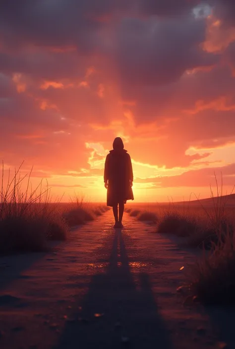 (a lone figure walking on a long road, silhouette,sunset,elongated shadow,best quality,4k,8k,highres,masterpiece:1.2),ultra-detailed,(realistic,photorealistic,photo-realistic:1.37),illustration,desolate path,evening sky,orange and purple hues,soft lighting...