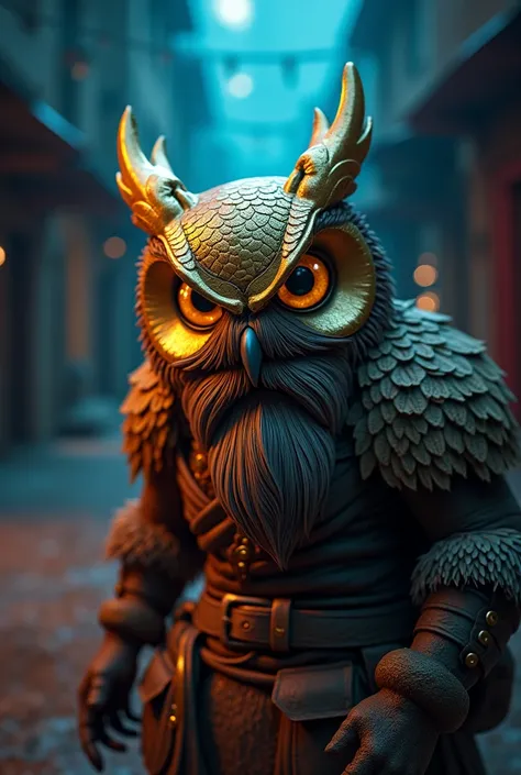 Golden owl make of metallic, , alley, bearded mountain man, jingle in city, 3D effect ultra-detailed intricate insanely full HD, cgsociety contest winner, artstation quality intense gaze, expressive eyes, depth of field, motion lines, action painting cinem...