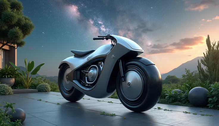 "A futuristic bicycle with floating wheels, designed with a combination of silver and matte black finishes, placed on a rooftop garden with a perfect view of a cosmic sky."