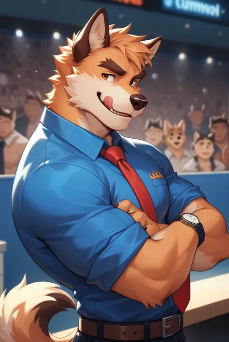 Yuezai ,watch, ,,,wristwatch, male focus, 1 boy,Tongue, alone,Tongue out,Dog Boy, have, Muscular  male, Muscular , furry  male,man, furry ,Dog ears,have,Animal ears, looks at the audience,Brown fur,dog Tail,:ask,Tail,Chest muscles,large Chest muscles, Oran...