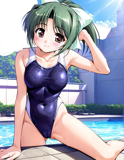 tooyama midori, (cowboy shot), green hair, brown eyes, ponytail, hair ribbon, short hair,  medium chest , ( navy blue one-piece high cut school swimsuit:1.3), (Ultra high leg swimsuit:1.5), (The swimsuit cuts into the crotch :1.3), (Red cheeks:1.2), ( is s...