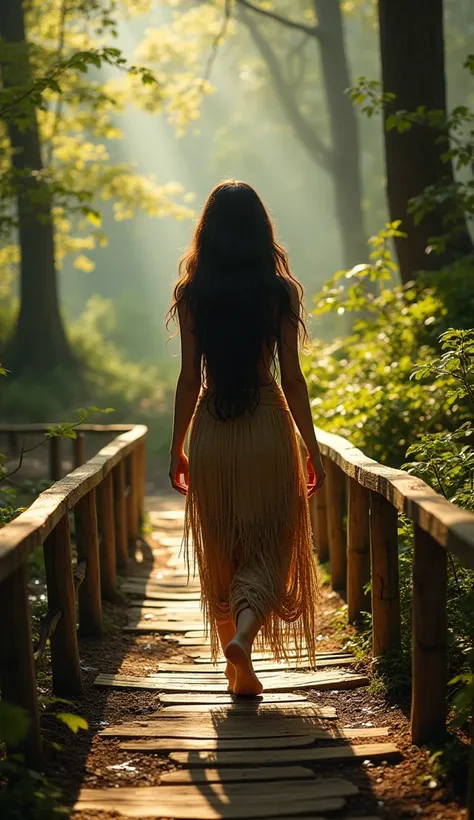 a beautiful primitive woman, long dark wavy hair, walking along a wooden path, detailed portrait, realistic, 8k, highly detailed, masterpiece, photorealistic, cinematic lighting, dramatic lighting, warm color tones, natural environment, forest, wooden brid...